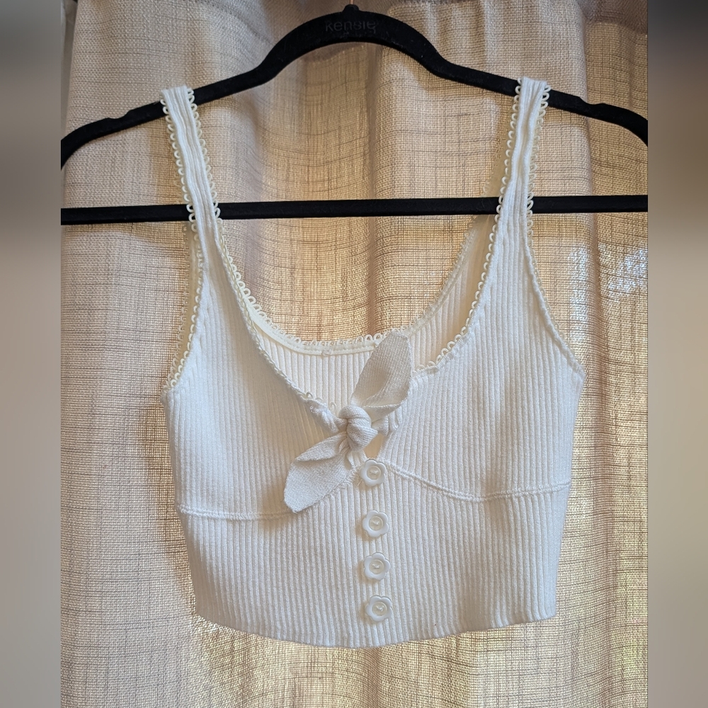 For Love And Lemons Cream Ribbed Crop Top with Bow and Button Detail